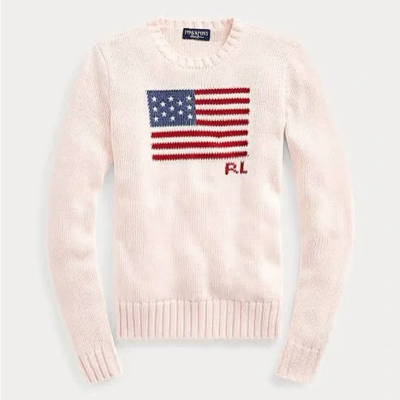 RARE Ralph Lauren Pink Pony American Flag Sweater USA Knit Crewneck - XS - Picture 3 of 7